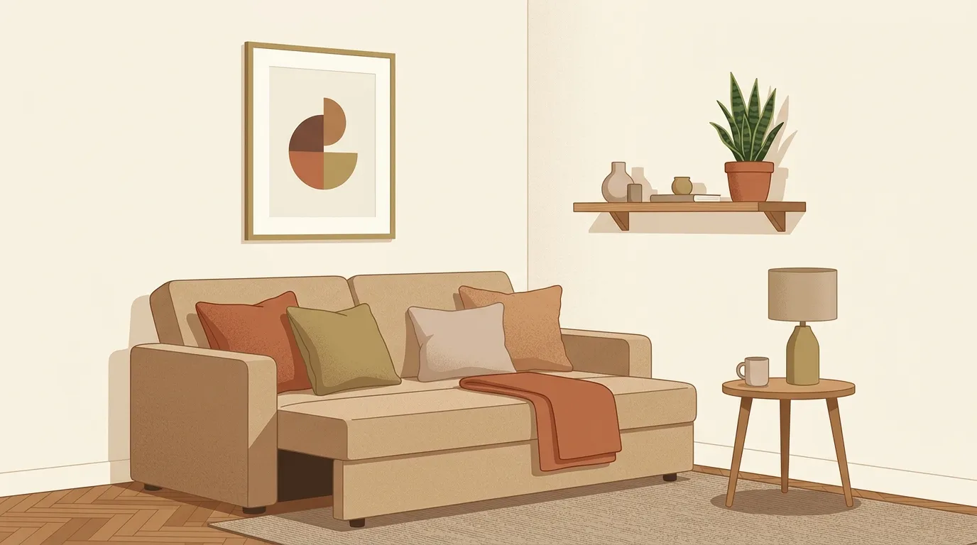 一人暮らしの部屋にアートを飾ったイメージ（イラスト）